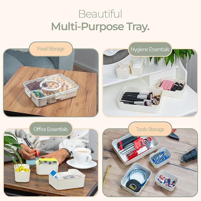 Mason & Meadow Small Snackle Box Container - Travel Snack Box Container - Snacklebox - Divided Serving Tray With Lid and Handle - Portable Snack Tray With Lid - Snackle Boxes (4 Compartments - Cream)