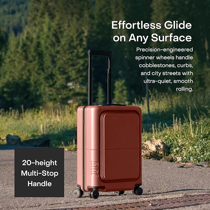 July Carry On Pro - 20" Hardshell with Front Pocket, Airline Approved Carry On Luggage with Wheels, TSA Lock Rolling Suitcase, Silent Spinner Wheels, USB Ports & Ejectable Battery - Clay