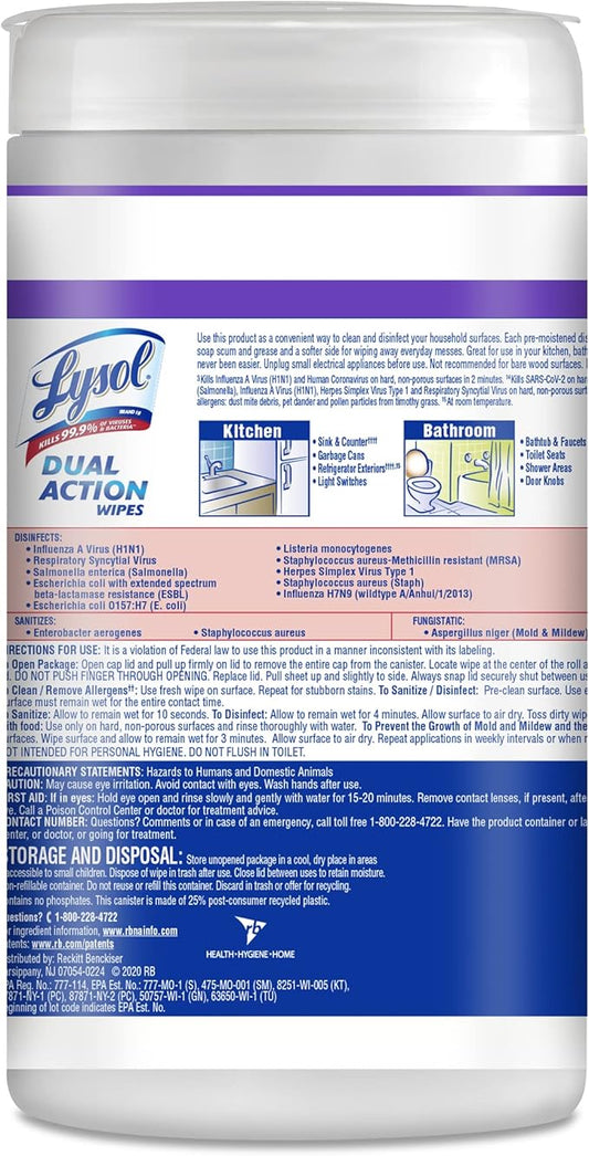 Lysol Dual Action Disinfectant Wipes, Multi-Surface Antibacterial Scrubbing Wipes, Dorm Room Essentials, Citrus Scent, 75ct (Pack of 4), Packaging May Vary