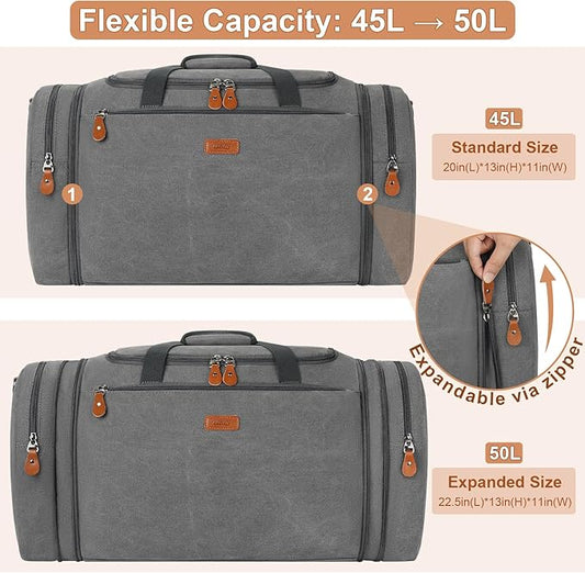 Canvas Mens Duffle Bag for Travel - Expandable 50L Weekender Bags with Toiletry Bag, Overnight Bag Travel Duffel Carry On Luggage with Removable Shoulder Strap, Durable & Water-Resistant