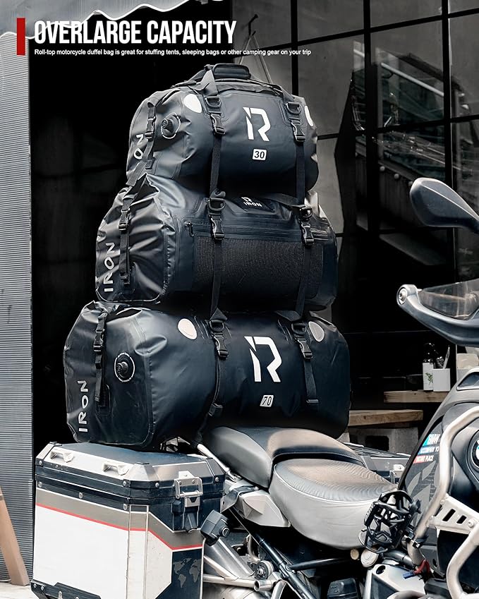 BORLENI Waterproof Motorcycle Dry Duffel Bag Luggage Tail Bag with Large Storage Space,Roll Top Closure, Shoulder Straps, Inner Pocket and Mesh Pocket for Motorcycling Travel Camping (Grey,50L)