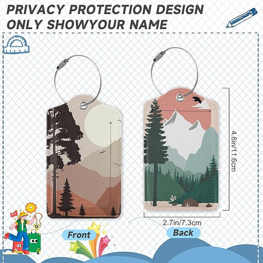 2 Pack Luggage Tag for Suitcase, Landscape Pine Trees Mountains Leather Bag Tags Identifiers Privacy Cover ID Label with Durable Steel Loop for Women Men Kids Girls Travel