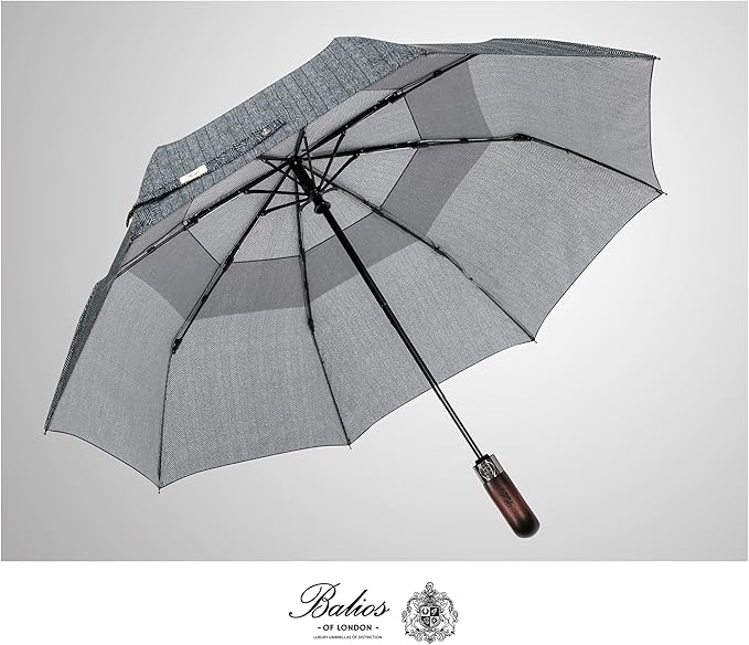 Balios Travel Folding Umbrella with Real Wood Handle Auto Open Close Vented Windproof Canopy - Designed in UK