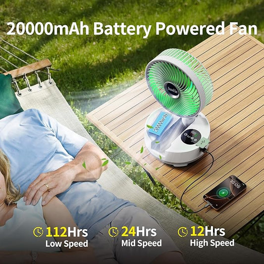 Socool 20000mAh 8" Portable Fan Battery Operated Fans, Oscillating Charging Fan, Remote Control LED Light, 112 Hours Working Portable Foldable Fans for Camping Travel Outdoor