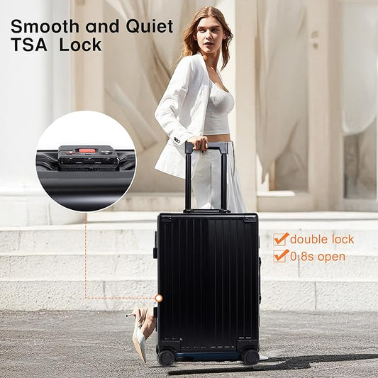 All Aluminum 24 Inch Check In Luggage Hard Shell Suitcases with Spinner Wheels and TSA Lock, Checked Medium Suitcase (Black)