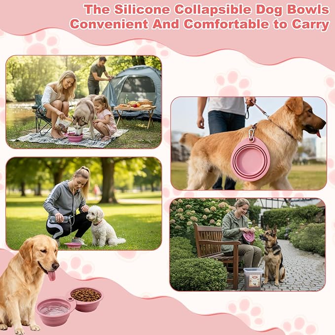 2-Pack Silicone Collapsible Dog Bowls with 4 Carabiners, Food-Grade Portable Pet Travel Bowls for Dogs & Cats, Foldable Water Feeder for Outdoor, Hiking, Camping (Pink)
