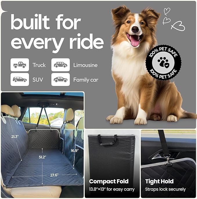 Dog Seat Cover for Back Seat Hard Bottom, XL Backseat Extender for Large Dogs (+420 lbs), Waterproof Dog Car Hammock with Door Protectors, Non-Slip Heavy-Duty Pet Seat Cover for Truck, SUV & Car
