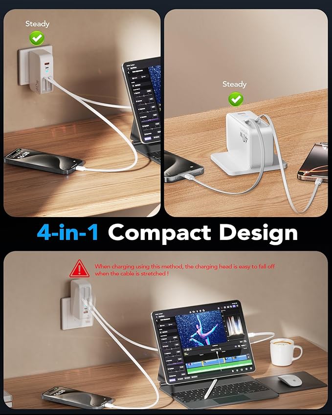 Retractable USB C Charger Wall Plug with Dual 35.5in/90cm Type C Cables Cords,40W Fast Charging Foldable Block Multi Charger for All Devices for iPhone 17/16/15/14/13/12,iPad,Galaxy,Pixel