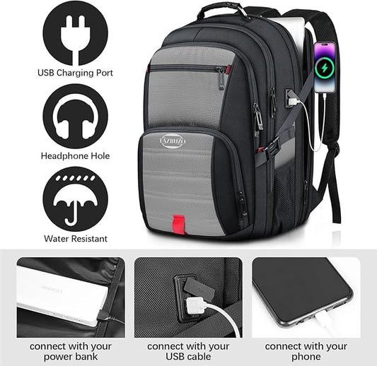 18.4 Inch Extra Large Travel Backpack, TSA Laptop Backpack with USB Port, 55L Water Resistant Carry on College School Computer Backpack Men Women, Grey