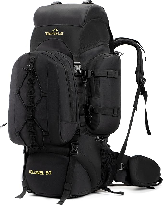 Tripole Colonel 80 Litres Internal Frame Trekking and Hiking Rucksack + Detachable Day Pack, Rain Cover, Black