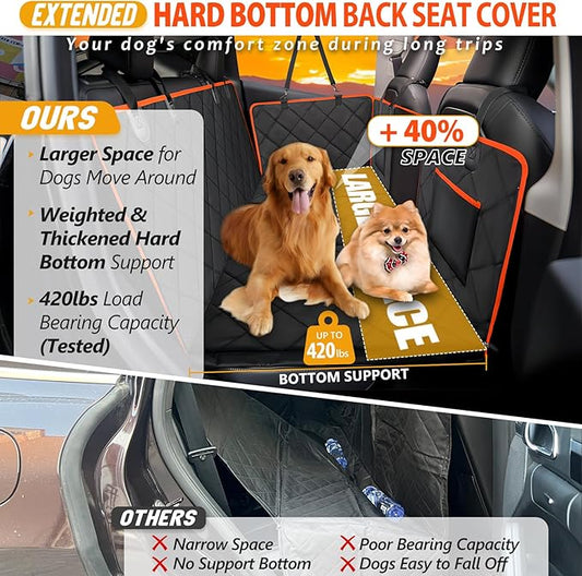 Back Seat Extender for Dogs - Holds 420lb, Hard Bottom Dog Bed Back Seat Cover, Pet Car Seat Cover Backseat Extender,Upgraded Material Waterproof Dog Hammock for Car,SUV, Truck, Black/Orange