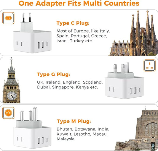 TESSAN All European UK Travel Plug Adapter Kit, International Detachable with 3 Outlet 3 USB(1 USB C), Type C/G/E/F/M EU Power Adaptor, US to Europe Greece Italy South Africa Spain Ireland