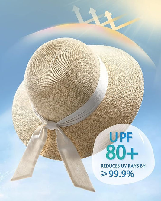 FURTALK Womens Beach Sun Straw Hat UV UPF 80+ Travel Foldable Brim Summer UV Hat
