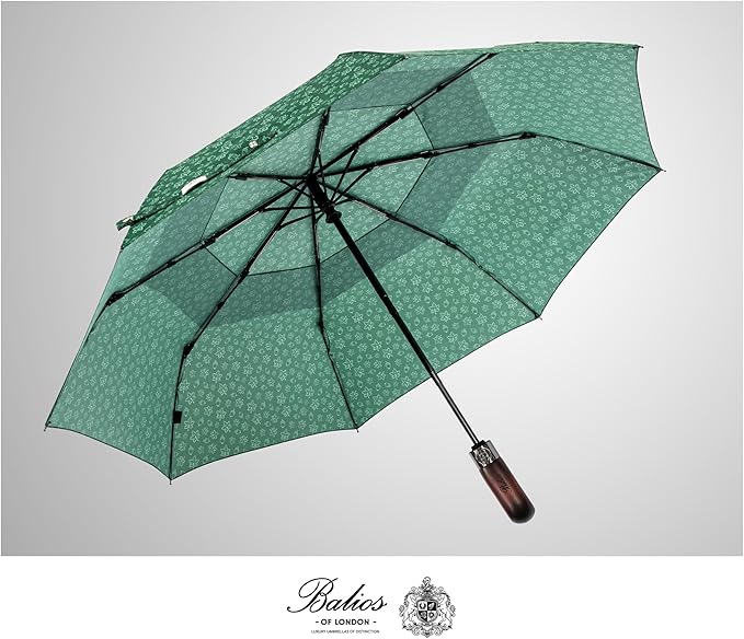 Balios Travel Folding Umbrella with Real Wood Handle Auto Open Close Vented Windproof Canopy - Designed in UK