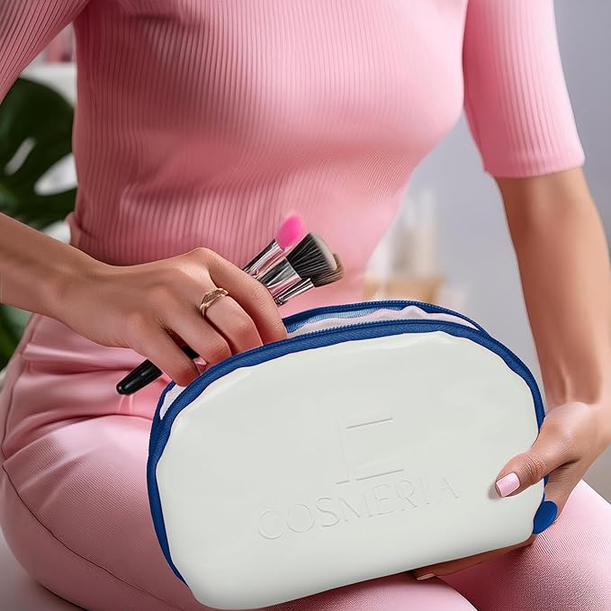 Makeup Bag Organizer & Travel Cosmetic Bag - Toiletry Bag for Women Fits Carry-On and Suitcase - Make Up Faux Patent Leather Pouch with Durable Blue Zipper, Medium
