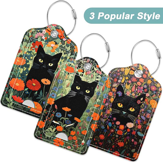 Rimilak 3 Pcs PU Leather Luggage Tags for Suitcase, Travel Cruise Luggage Tag with Privacy Flap, Name ID Label and Metal Loop for Women Men Baggage Handbag School Bag Backpack, Black Cat