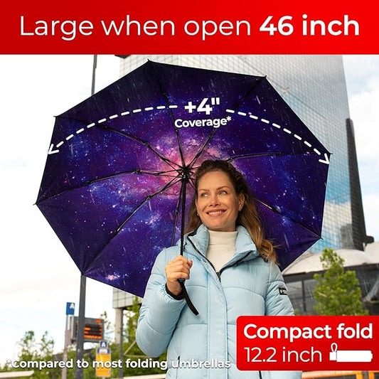 TUMELLA Flip-proof Inverted Travel Umbrella, Small Strong but Light Portable and Automatic Reverse Folding Rain Umbrella, Durable Premium Grip, Fits Car & Backpack