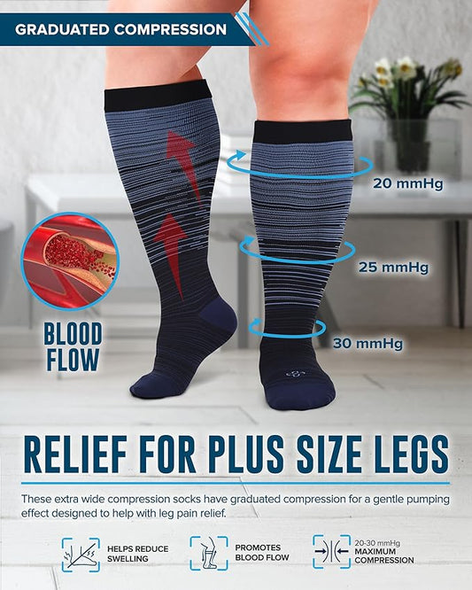 Doctor's Select 3 Pairs Plus Size Compression Socks Wide Calf - Up to 6XL | 20-30 mmHg Compression Socks for Women Wide Calf | Line Patterns 2