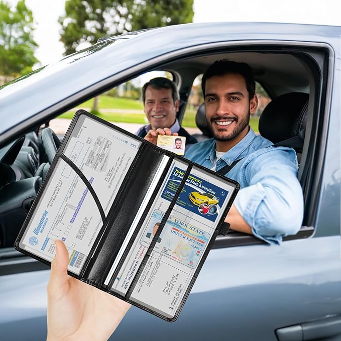 Car Registration and Insurance Holder PU Leather Vehicle Insurance and Registration Holders Wallet Case with Elastic Band Closure for ID Card, Driving Licence, Dragonfly Stained Glass