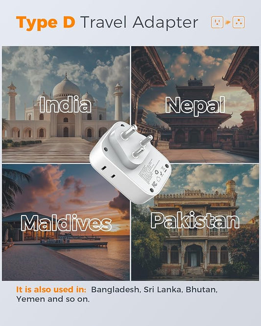 US to India Plug Adapter 2 Pack, TESSAN Type D Travel Adapter with 4 Outlets 3 USB (2 USB-C), Power Adaptor for US to India Nepal Maldives Pakistan Bangladesh Sri Lanka Bhutan Yemen