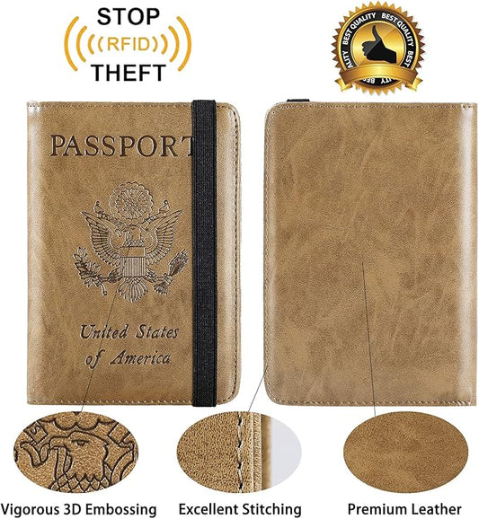 Passport Holder Cover Wallet Travel Essentials RFID Blocking Leather Card Case International Must Haves Travel Accessories for Women Men(101#Brown)
