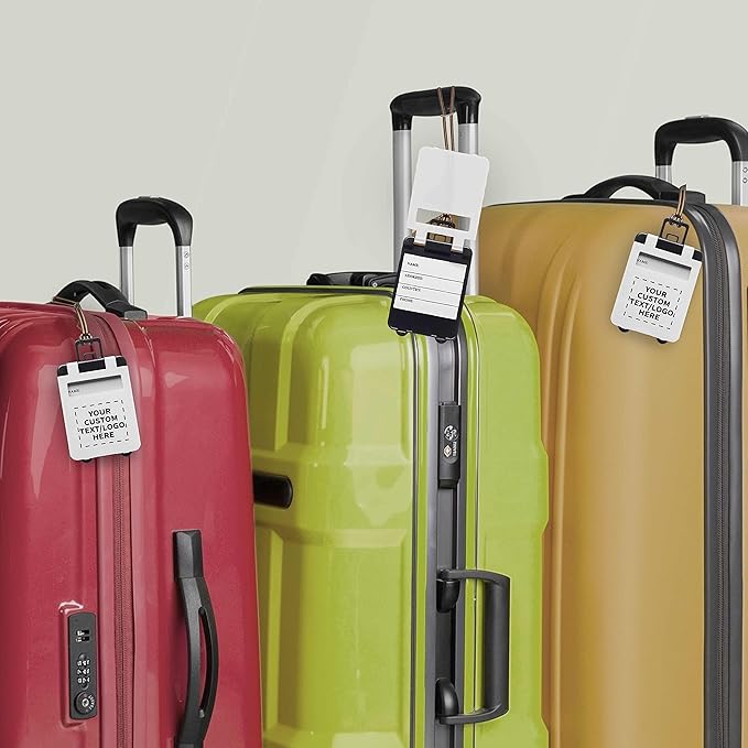 50 Mini Carry-on Luggage Tags Pack - Customizable Text, Logo - Flip Open Cover, ID Sticker - White