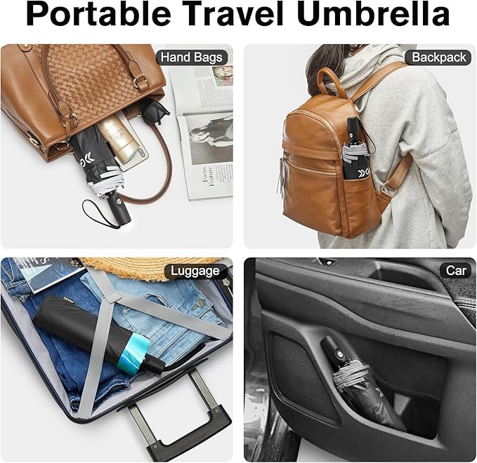 G4Free 42 Inch Eco Windproof Folding Umbrella for Rain & Sun 9 Ribs Wind Resistant Strong Fiberglass Double Canopy with Reflective Strip for Women Men Auto Open Close For Car & Backpack