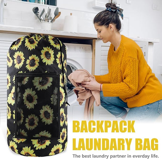 Laundry Bag Backpack, Extra Large Travel Laundry Bag with Mesh Pocket & Adjustable Shoulder Straps,Dirty Clothes Travel Bag for College Students Dorm,Apartment(Sunflower)