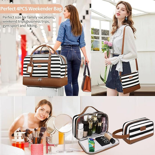 Wogarl Weekender Bags for Women Large Canvas Overnight Bag Travel Duffel Bags Carry on Shoulder Weekend Bag with Shoe Compartment for Travel Night Flight Daily Use