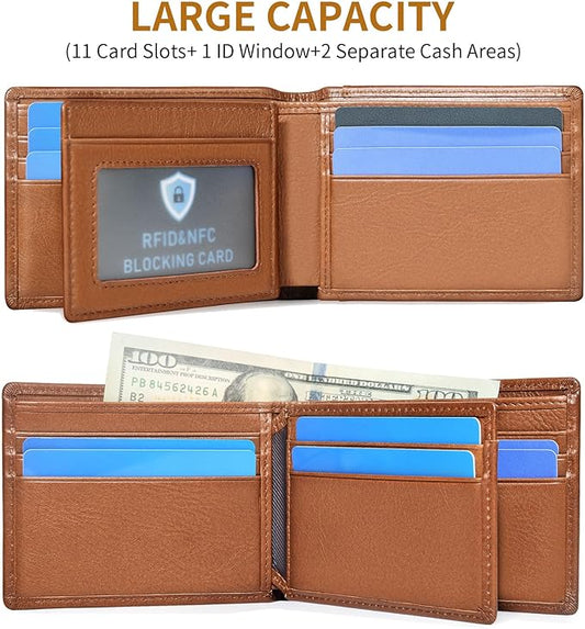 MARZAHAR Genuine Leather Mens Wallet, RFID Blocking Bifold Wallet for Men with ID Window, 11 Credit Card Slots (Brown)
