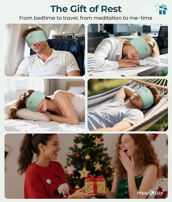 MUSICOZY Bluetooth 5.4 Sleep Headphones Eye Mask with Seaweed Fiber Cotton, Ultra Soft Fully Wrapped Sleep Mask with Headphones for Side Sleepers, 14 Hours Playtime, Gifts for Men Women