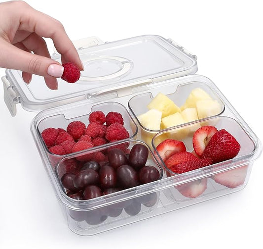 Snackle Box Container with Lid- Travel Charcuterie Box with Handle - Organizer for Candy, Fruit, Nuts, Veggies, Snacks, Beach Essentials, Portable Lunch Box (Clear, Small)