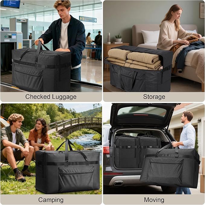 SUNUP Large Duffle Bag for Travel, 120L Foldable Travel Duffel Bag for Men Women, Waterproof Carry On Overnight Weekender Moving Storage Bags, Black