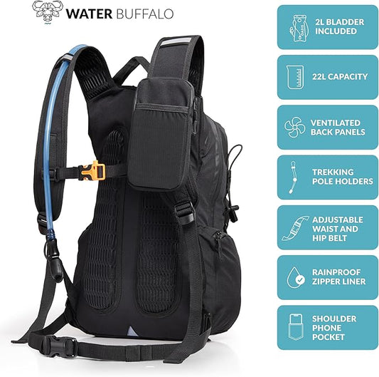Water Buffalo Hydration Backpack - Sherpa 22L Hiking Backpack with Water Bladder - Water Backpack for Hiking with Waterproof Zippers, Phone & Pole Holders
