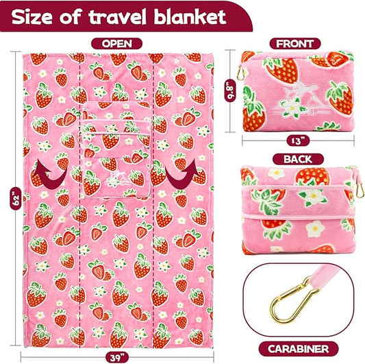 Strawberry Blanket and Pillow Set - Glow in The Dark Kids Travel Blanket Airplane Compact, Soft Fuzzy Pink Fruit Fleece Throws for Car, Plane, Traveling - Cute Strawberry Gifts for Girls 40"x60"