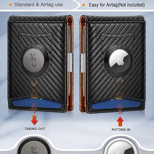 KS Mens Wallet Gift Airtag or Standard Use,Slim Front Pocket Leather Wallet Money Clip 11 cards RFID Blocking