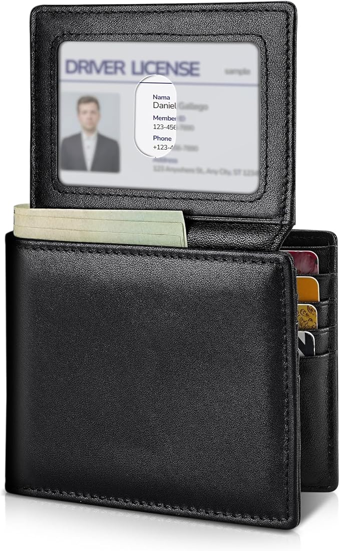 Artpaxy Mens Wallet Genuine Leather Bifold RFID Blocking Wallet for Men with 2 ID Windows 12 Card Holders 2 cash pockets 1 Gift Box