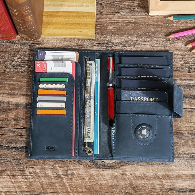 CONTACTS Full Grain Leather Family Passport Holder for 4 Airtag Passport Wallet RFID Blocking Travel Passport Cover with 4 Passport Slot, 6 Card Slot (Blue)