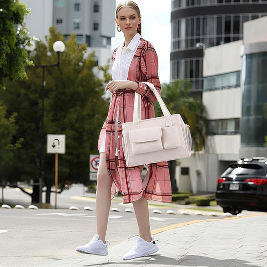 Dog Carrier Purse, Fashion Leather Pet Carrier Bag, Airline Approved Soft Sided Cat Travel Tote Bag with Pockets White