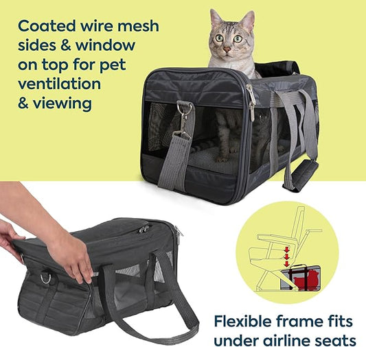 Sherpa Pet Carrier Airline Approved with Spring Wire Frame - Cat & Dog Carrier for In-Cabin Travel, Mesh Ventilation, Locking Zippers - Charcoal Grey, Large