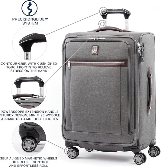 Travelpro Platinum Elite Softside Expandable Checked Luggage, 8 Wheel Spinner Suitcase, TSA Lock, Men and Women, Vintage Grey, Checked Medium 25-Inch