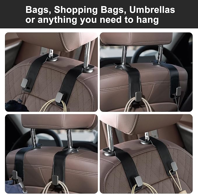 CoBak Headrest Hooks for Car - Universal Premium Stitched Leather and Aluminum-Magnesium Alloy Single Car Seat Back Storage Hook for Purses, Handbags, Bags (2 Pack), Black Texture