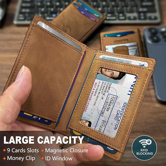 Housmai Magnetic Closure Slim Wallet for Men with Money Clip Gift Boxed,Genuine Leather Front Pocket Wallet, 3.9"x 2.7", RFID Blocking