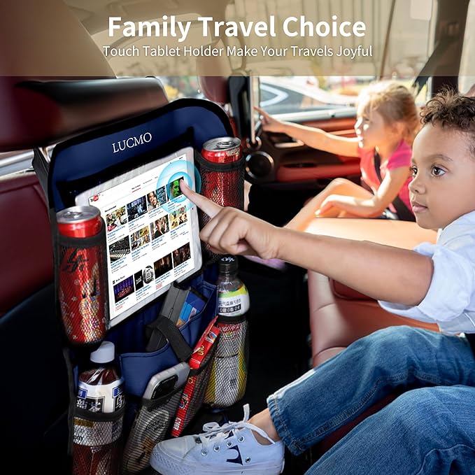 LUCMO Car Backseat Organizer with Touch Screen Tablet Holder-2 Pcs,9 Storage Pockets Car Storage Organizer Protectors Kick Mats Travel Accessories for Kids-Dark Blue