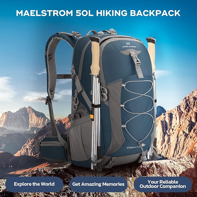 Maelstrom Hiking Backpack,Camping Backpack,50L Waterproof Hiking Daypack with Rain Cover,Lightweight Travel Backpack,Blue