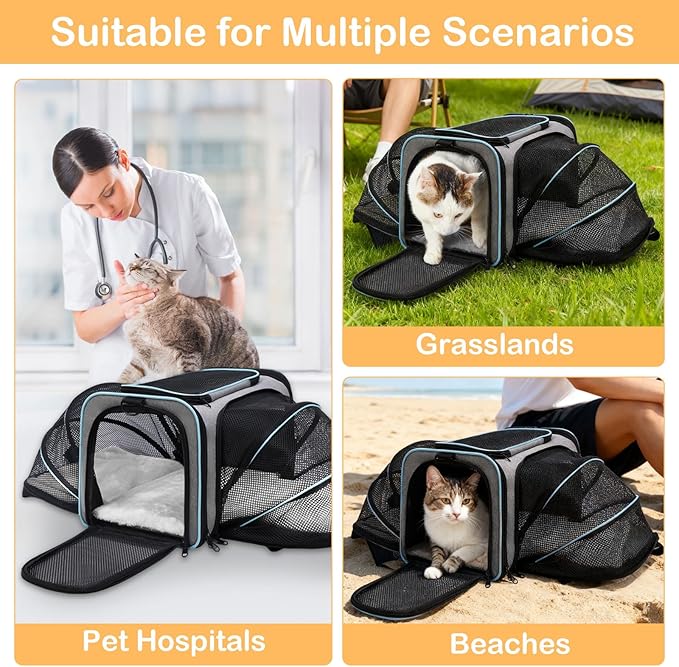 Expandable Pet Carrier,Airline Approved Soft-Sided Cat Dog Travel Bag with Hard Shell Base, Blue Trim, Removable Fleece Pad for Small Pets (Gray)