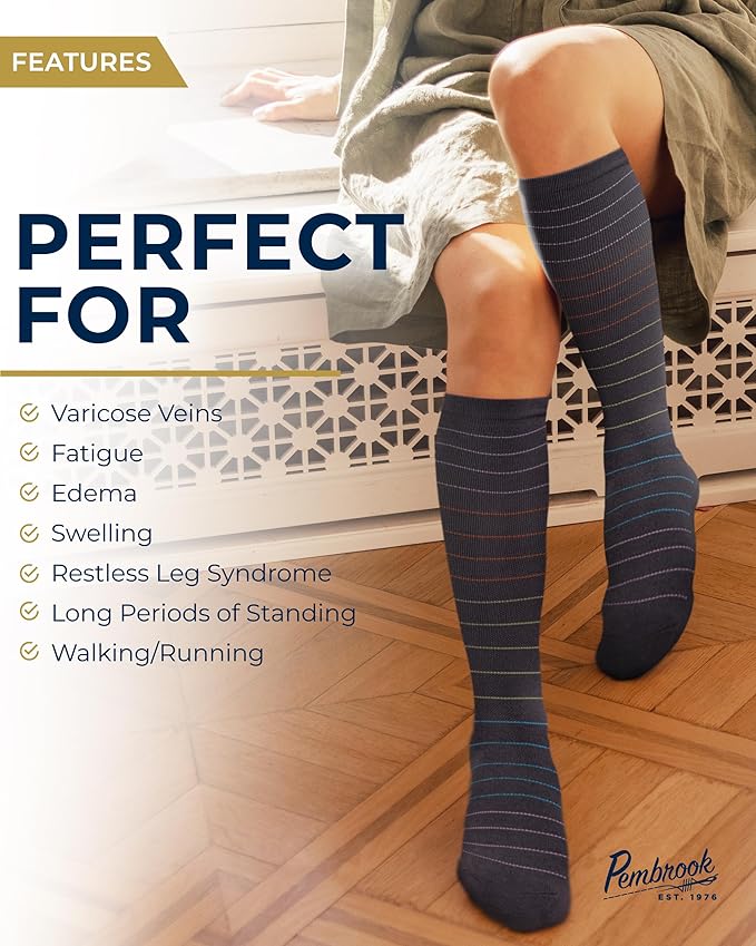 Pembrook Bamboo Viscose Light Compression Socks - 3 Pairs | 8-15 mmhg Compression Socks | Knee High Comfort Support Socks