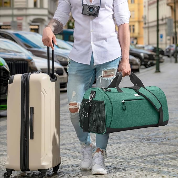 TOPDesign Gym Bag for Women & Men, Unisex Duffel Bag with Shoe Compartment & Wet Pocket for Travel Sports Gym (M Textured Green)