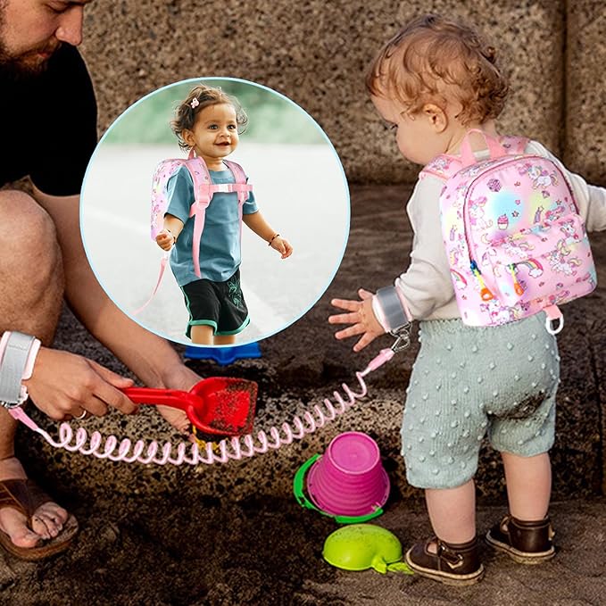 Accmor Toddler Backpack Leash with Anti Lost Wrist Link, Cute Mini Child Walking Harnesses Keep Kids Close Back Pack Rope Tether Rein for Baby Girls (Pink Colorful/Unicorn)