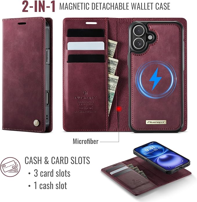 PlusnapX Wallet Case for iPhone 17 Compatible with Magsafe, 2-in-1 PU Leather Flip RFID Blocking Card Holder Stand Shockproof Magnetic Detachable Case for iPhone 17 Case 6.3", Burgundy